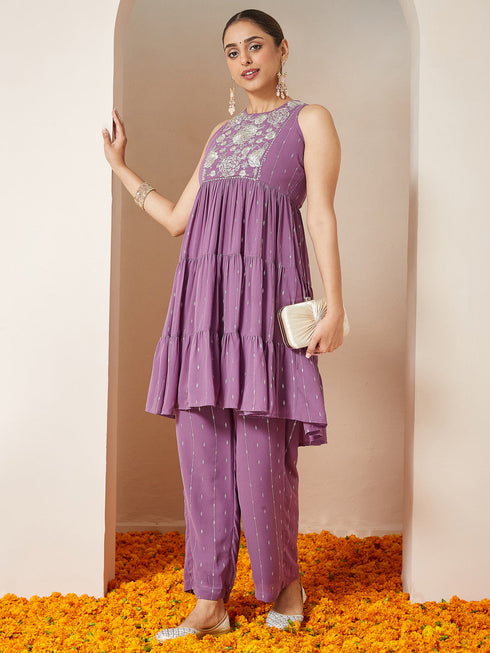 Janasya Women's Lavender Georgette Embellished Tiered Kurta With Palazzo Set
